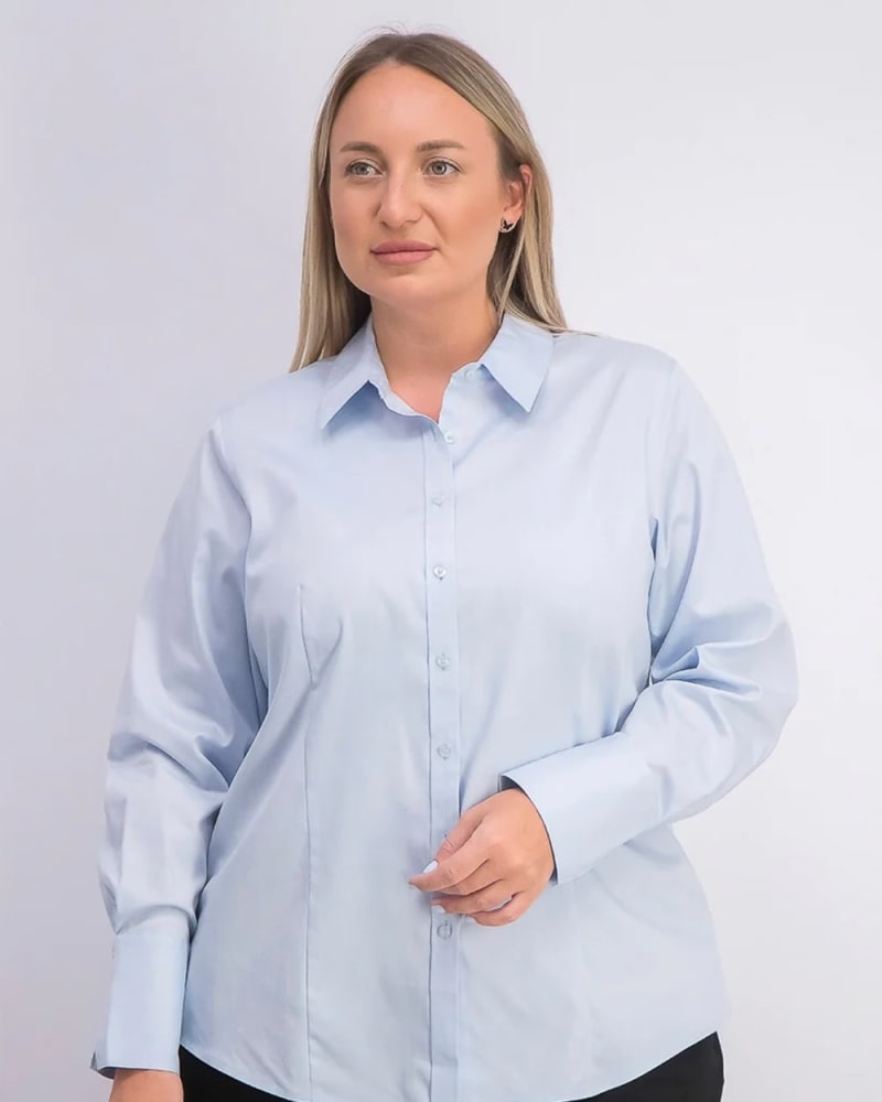 Front of a model wearing a size 14W Calvin Klein Women's Plus Size Cotton Collared Shirt Blue Size 14W in Blue by Calvin Klein. | dia_product_style_image_id:313652